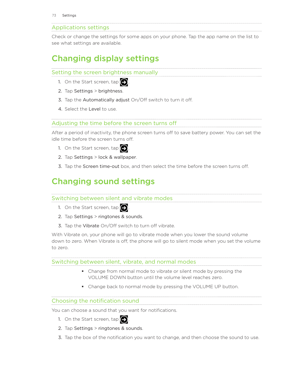 Changing display settings, Changing sound settings | HTC Surround User Manual | Page 73 / 79