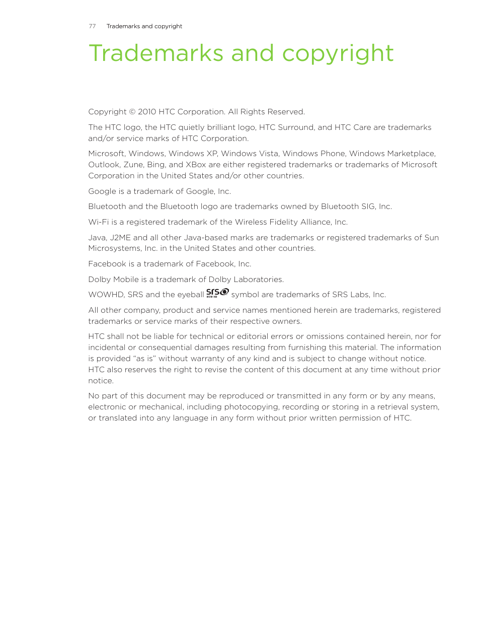 Trademarks and copyright | HTC Surround User Manual | Page 77 / 79