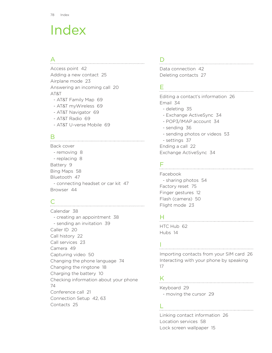 Index | HTC Surround User Manual | Page 78 / 79
