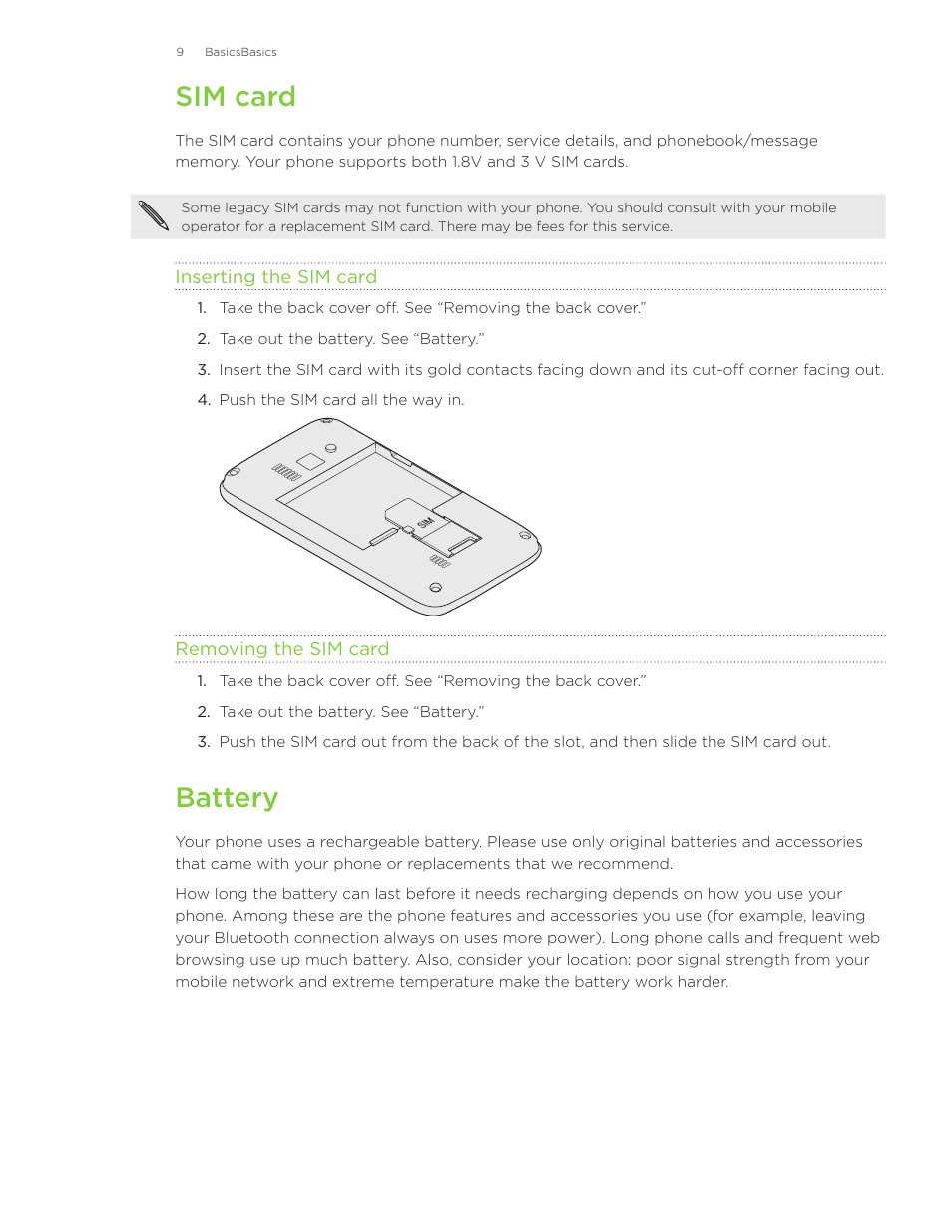 Sim card, Battery | HTC Surround User Manual | Page 9 / 79