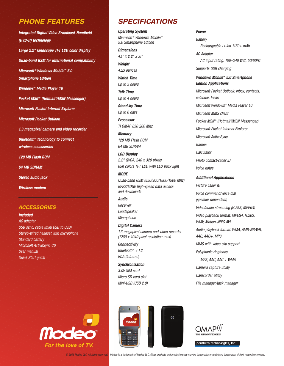 Phone features, Specifications, Accessories | HTC DVB-H User Manual | Page 2 / 2