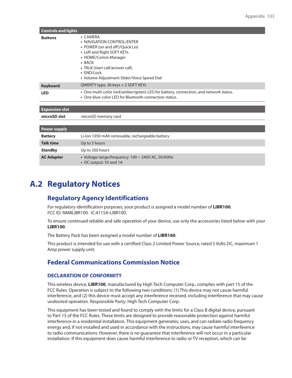 A.2 regulatory notices, Regulatory agency identifications, Federal communications commission notice | HTC SMT5800 User Manual | Page 103 / 116