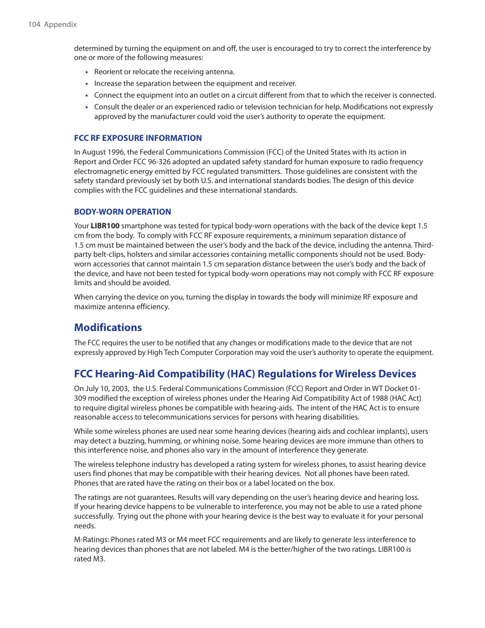 Modifications | HTC SMT5800 User Manual | Page 104 / 116