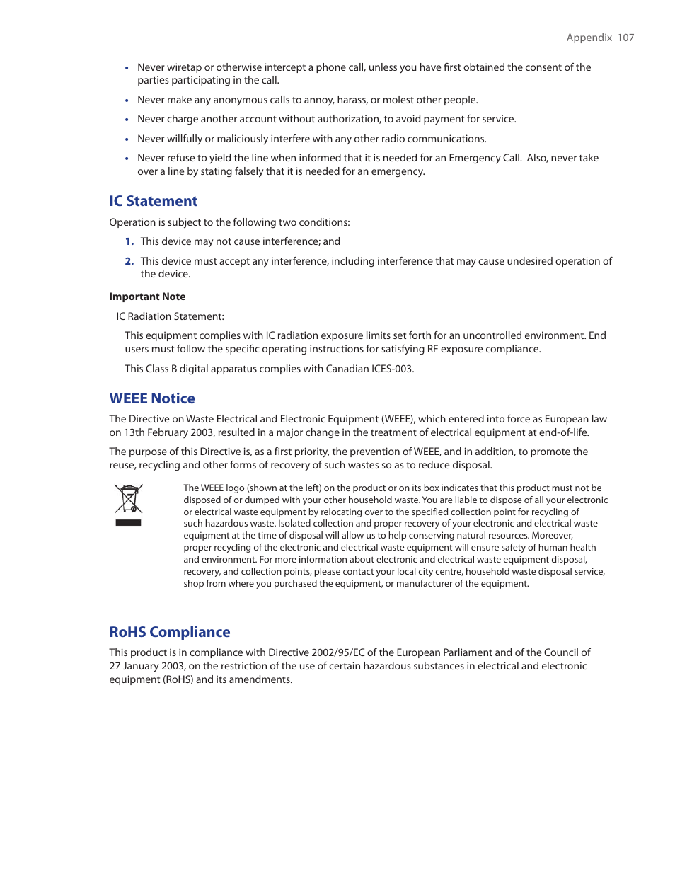 Ic statement, Weee notice, Rohs compliance | HTC SMT5800 User Manual | Page 107 / 116