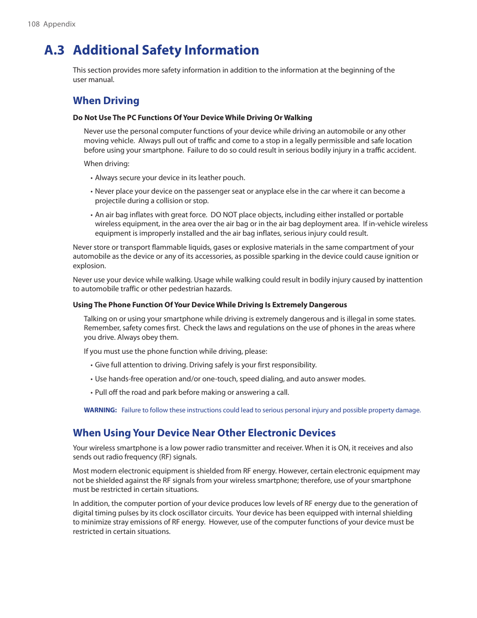 A.3 additional safety information, When driving | HTC SMT5800 User Manual | Page 108 / 116