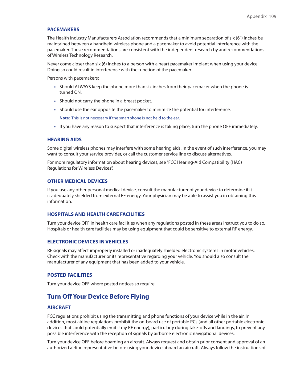 Turn off your device before flying | HTC SMT5800 User Manual | Page 109 / 116