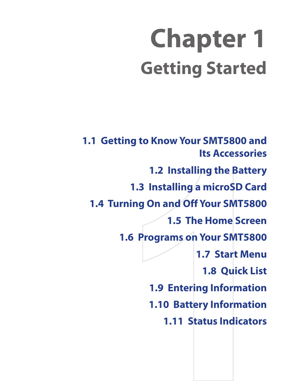 Chapter 1, Getting started | HTC SMT5800 User Manual | Page 11 / 116