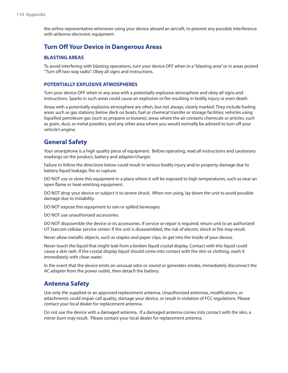 Turn off your device in dangerous areas, General safety, Antenna safety | HTC SMT5800 User Manual | Page 110 / 116