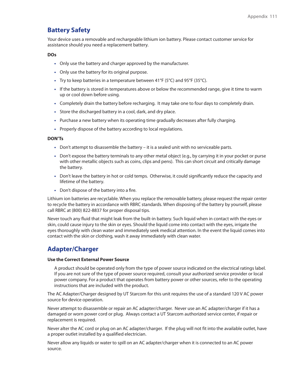 Battery safety, Adapter/charger | HTC SMT5800 User Manual | Page 111 / 116