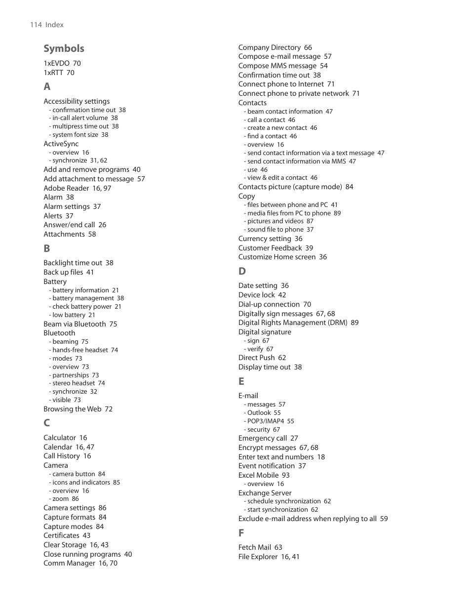 Symbols | HTC SMT5800 User Manual | Page 114 / 116