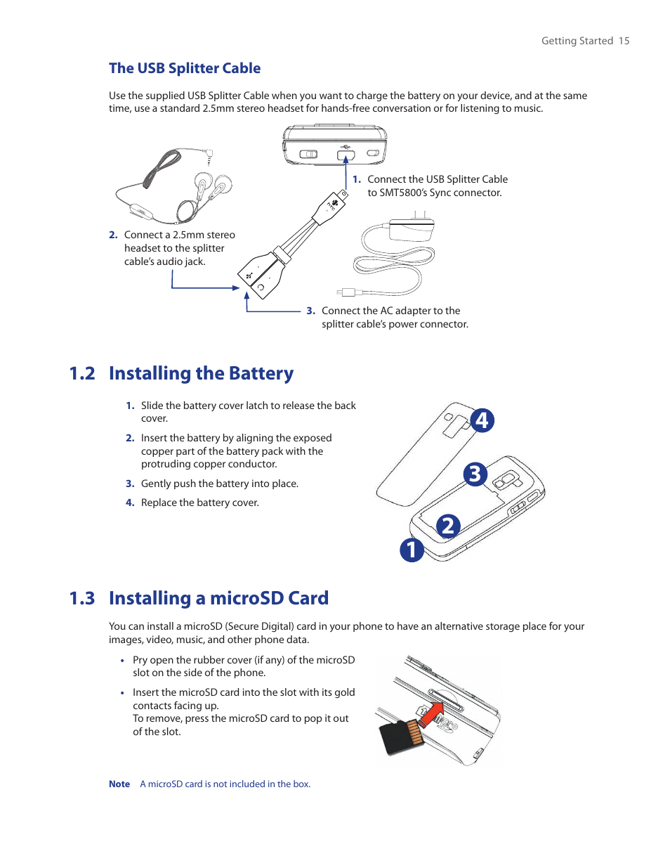 2 installing the battery, 3 installing a microsd card, 4 turning on and off your smt5800 | 5 the home screen, The usb splitter cable | HTC SMT5800 User Manual | Page 15 / 116