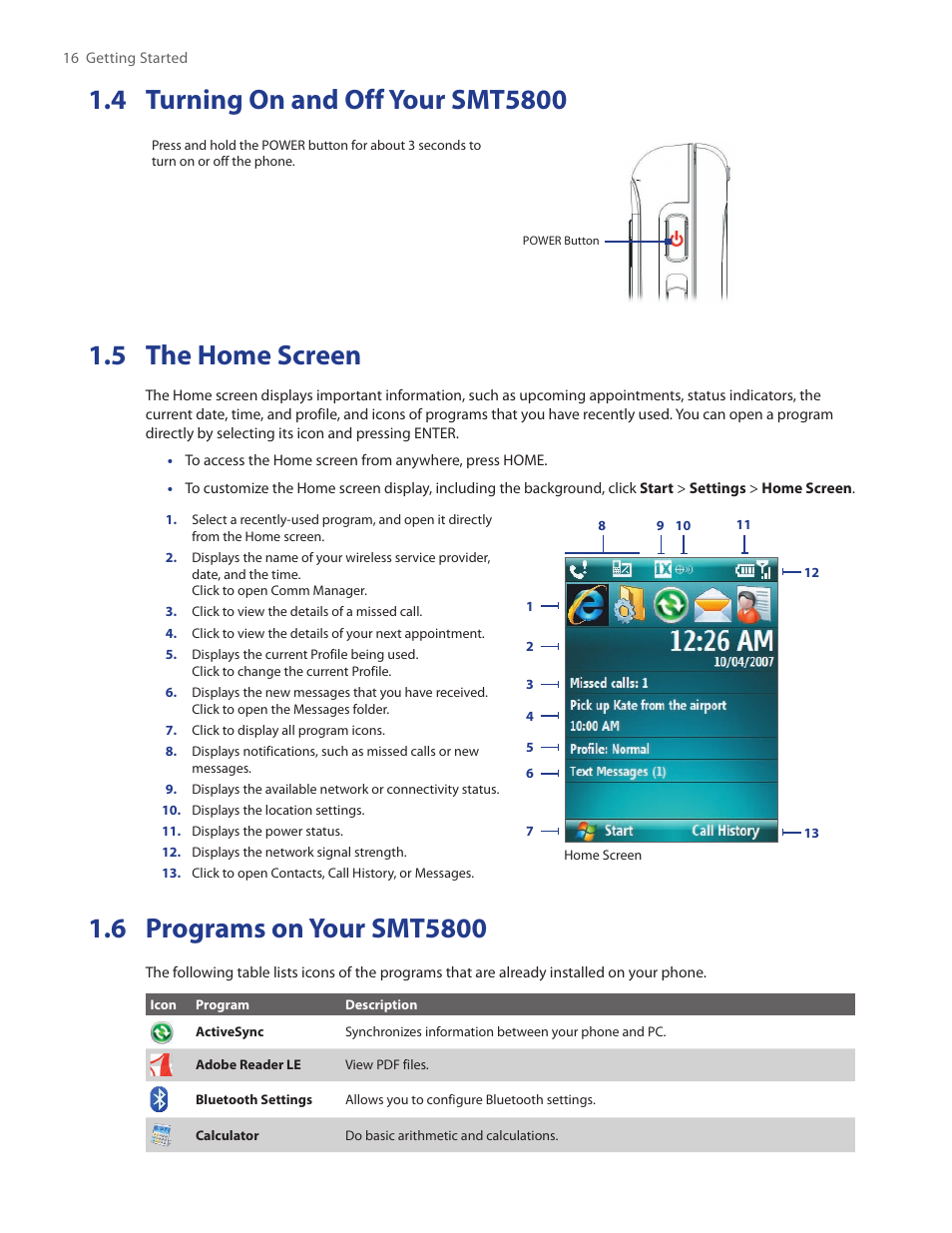 6 programs on your smt5800, 5 the home screen | HTC SMT5800 User Manual | Page 16 / 116