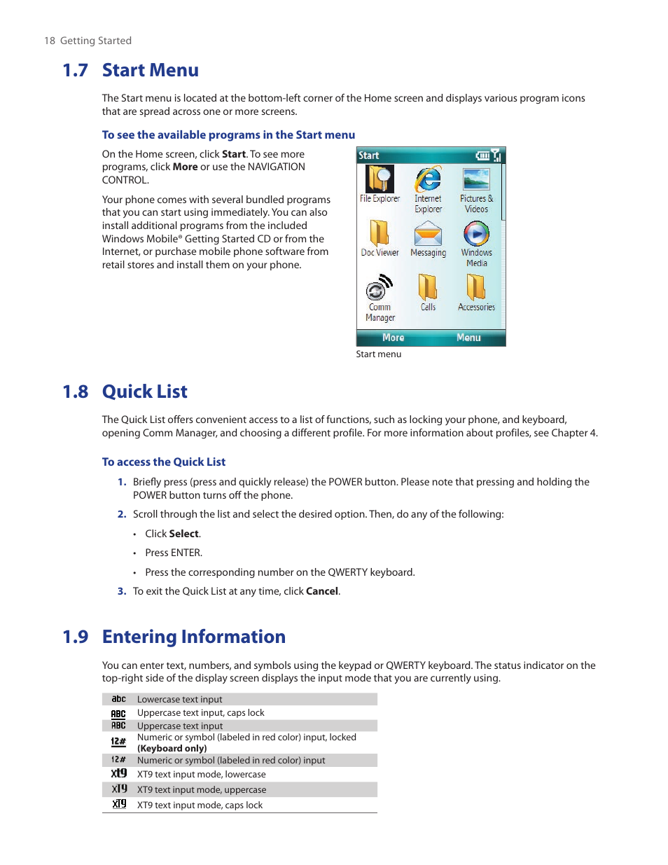 8 quick list, 9 entering information, 7 start menu | HTC SMT5800 User Manual | Page 18 / 116
