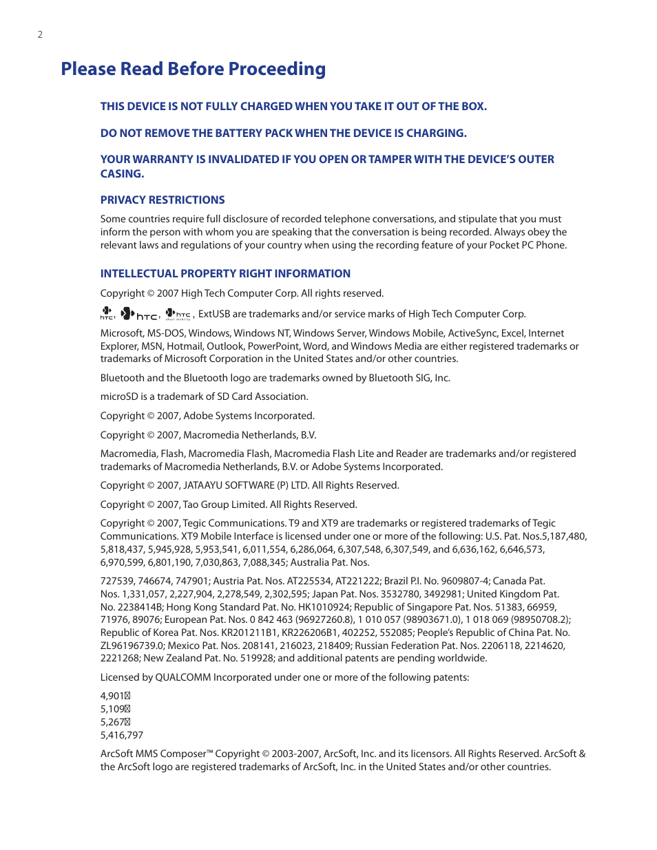 Please read before proceeding | HTC SMT5800 User Manual | Page 2 / 116