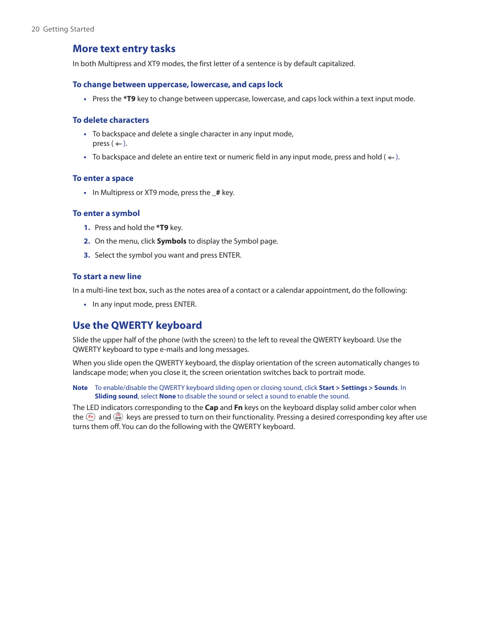 More text entry tasks, Use the qwerty keyboard | HTC SMT5800 User Manual | Page 20 / 116