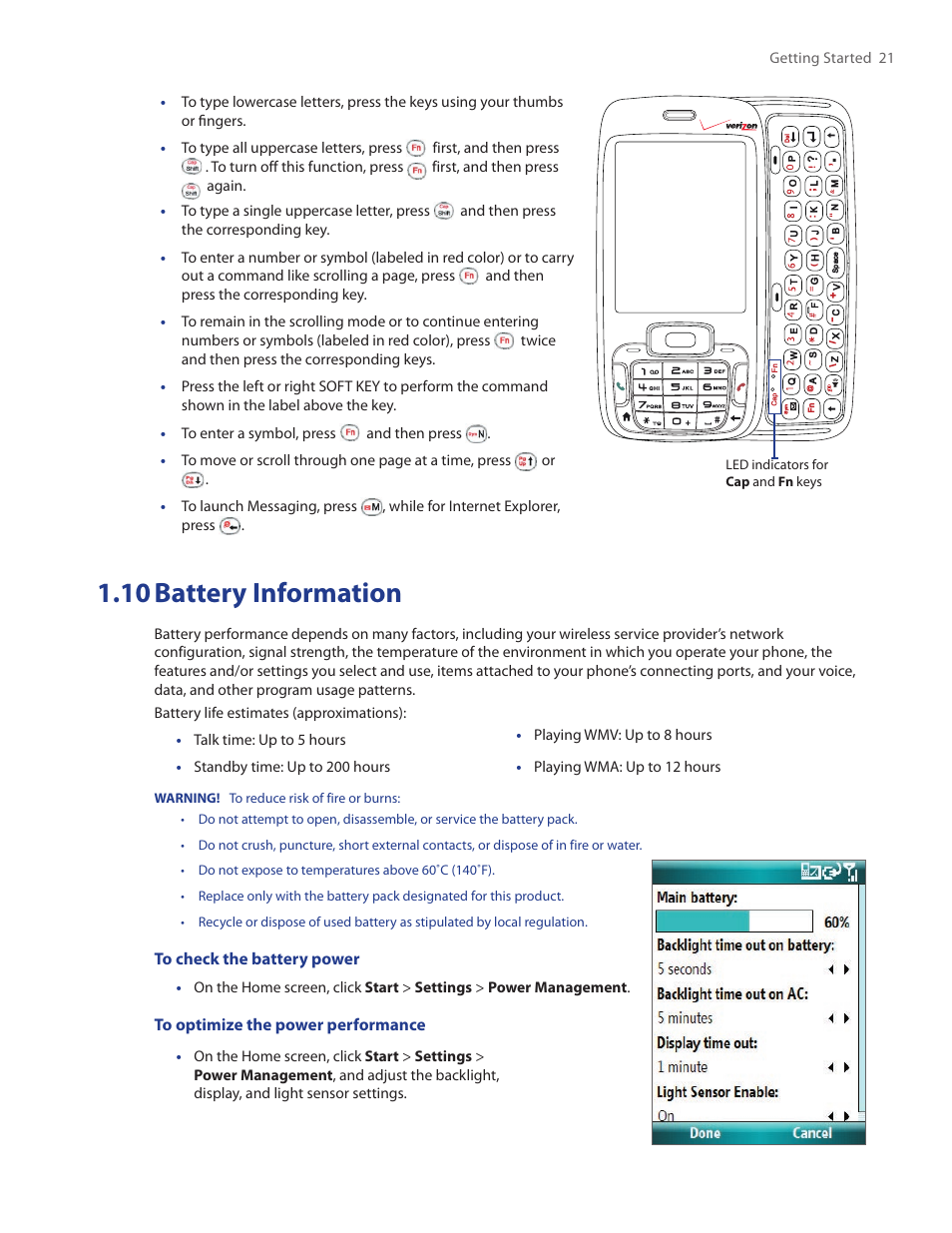 10 battery information | HTC SMT5800 User Manual | Page 21 / 116