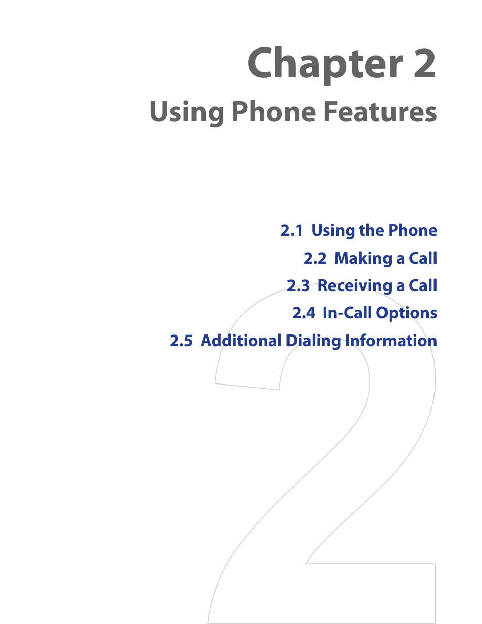 Chapter 2, Using phone features | HTC SMT5800 User Manual | Page 23 / 116