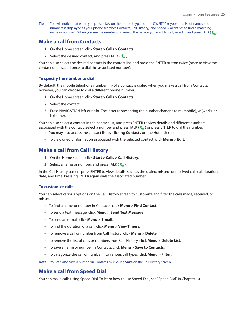 Make a call from contacts, Make a call from call history, Make a call from speed dial | HTC SMT5800 User Manual | Page 25 / 116