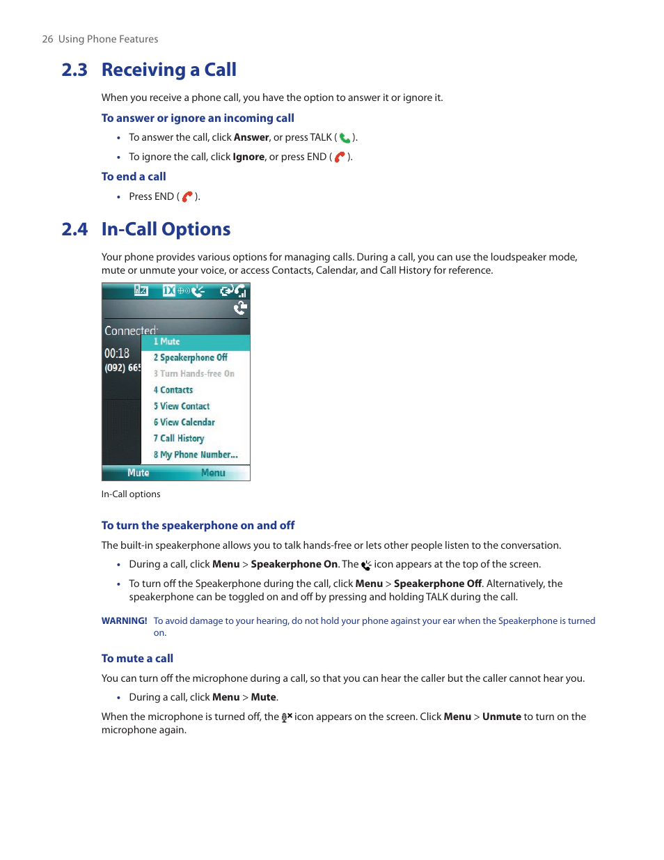 3 receiving a call, 4 in-call options | HTC SMT5800 User Manual | Page 26 / 116