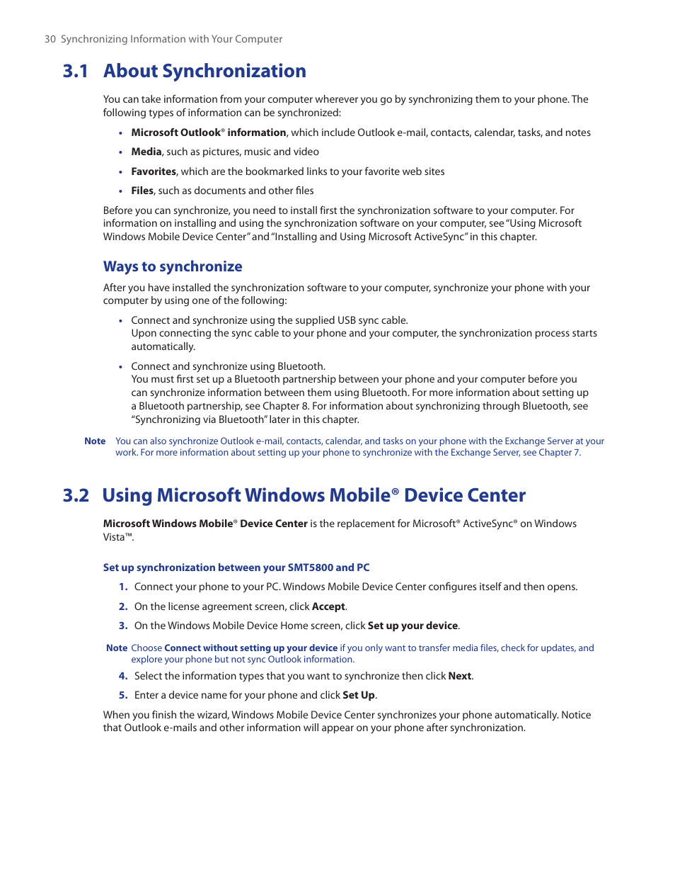 1 about synchronization, 2 using microsoft windows mobile, Device center | 2 using microsoft windows mobile® device center, Ways to synchronize | HTC SMT5800 User Manual | Page 30 / 116