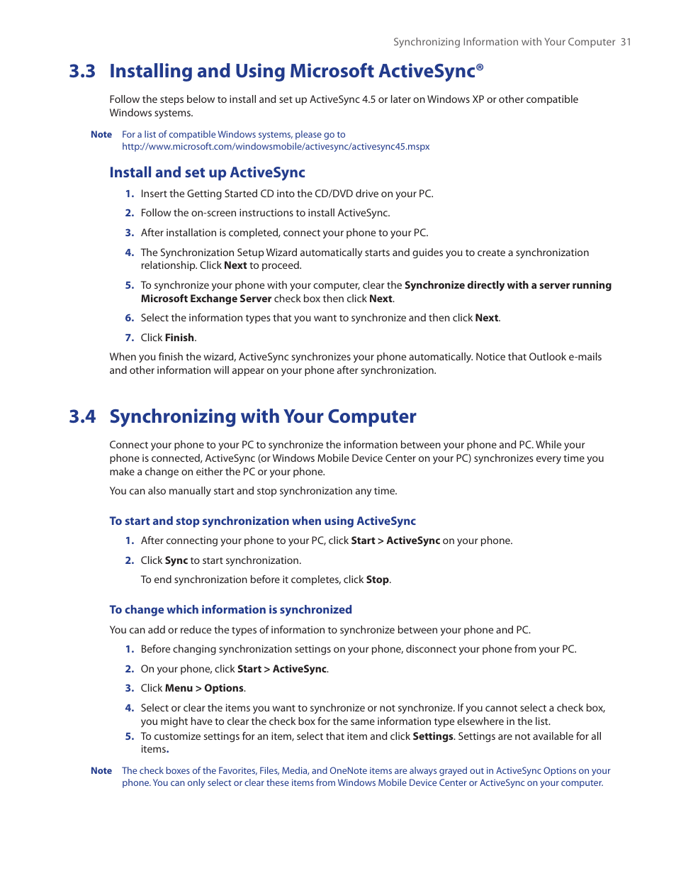 3 installing and using microsoft activesync, 4 synchronizing with your computer, Install and set up activesync | HTC SMT5800 User Manual | Page 31 / 116