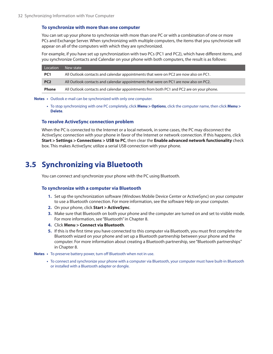 5 synchronizing via bluetooth | HTC SMT5800 User Manual | Page 32 / 116