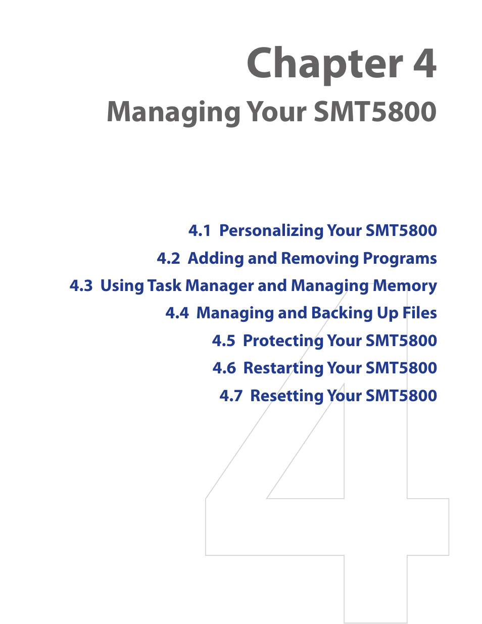 Chapter 4, Managing your smt5800 | HTC SMT5800 User Manual | Page 35 / 116