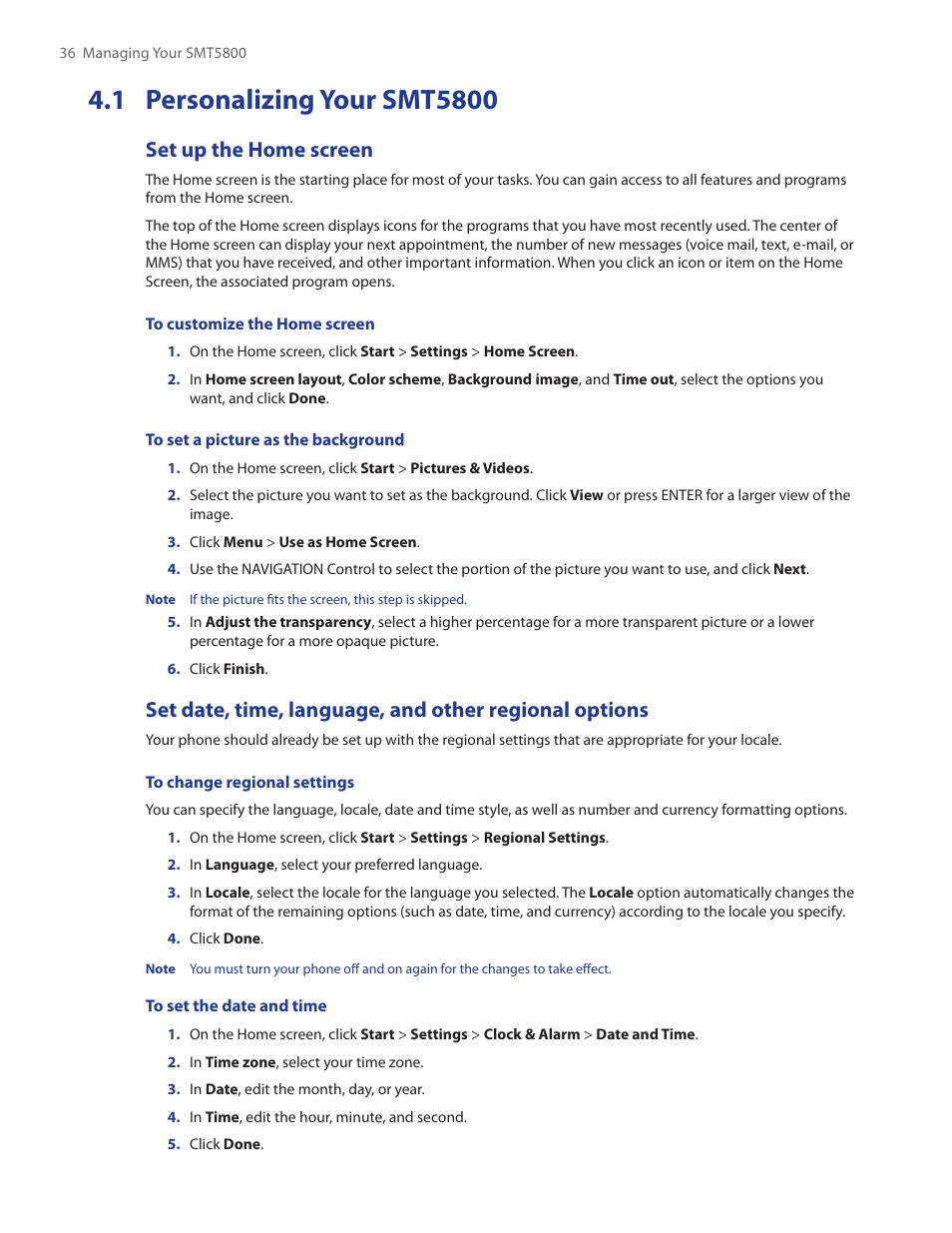 1 personalizing your smt5800, Set up the home screen | HTC SMT5800 User Manual | Page 36 / 116