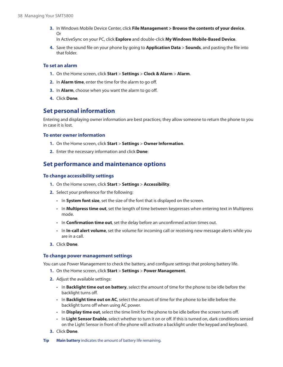 Set personal information, Set performance and maintenance options | HTC SMT5800 User Manual | Page 38 / 116