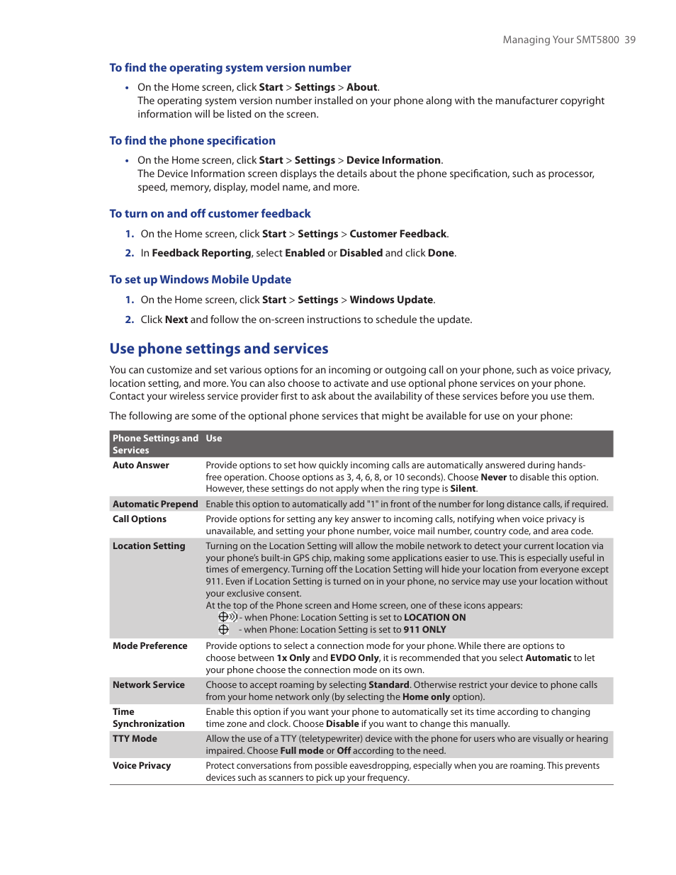 Use phone settings and services | HTC SMT5800 User Manual | Page 39 / 116