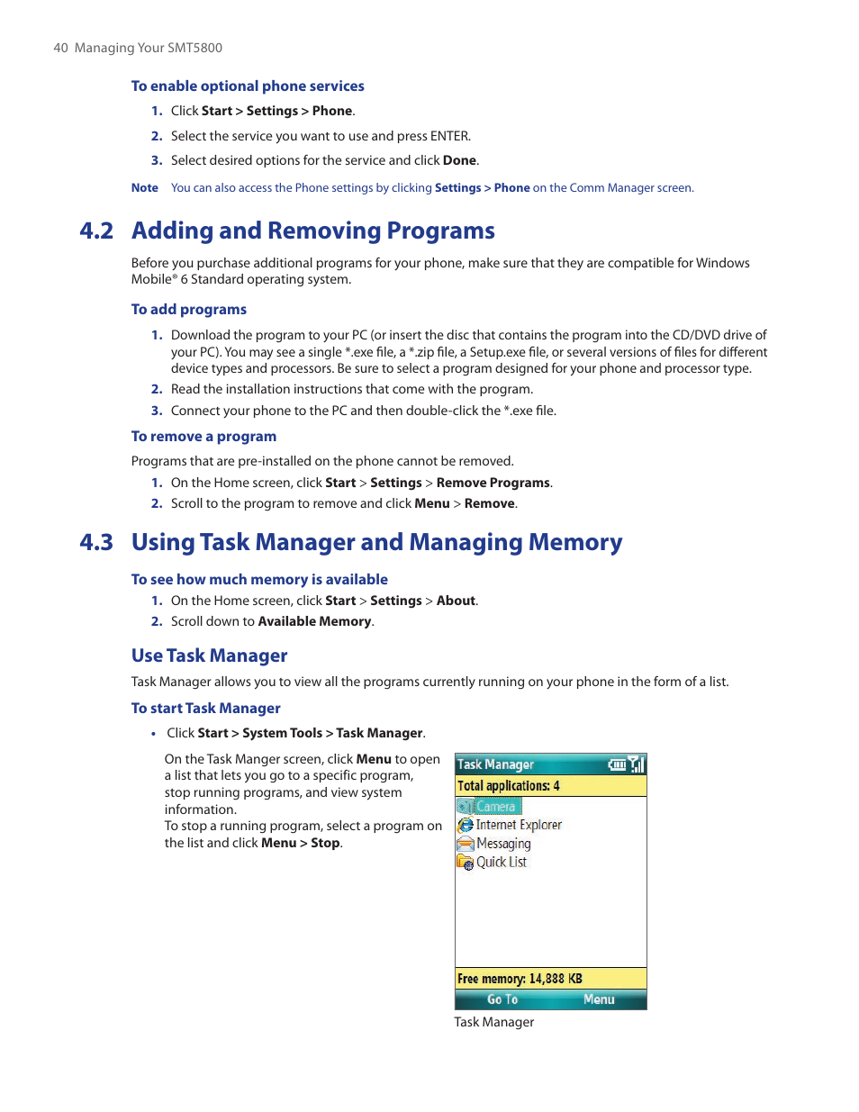 2 adding and removing programs, 3 using task manager and managing memory, Use task manager | HTC SMT5800 User Manual | Page 40 / 116