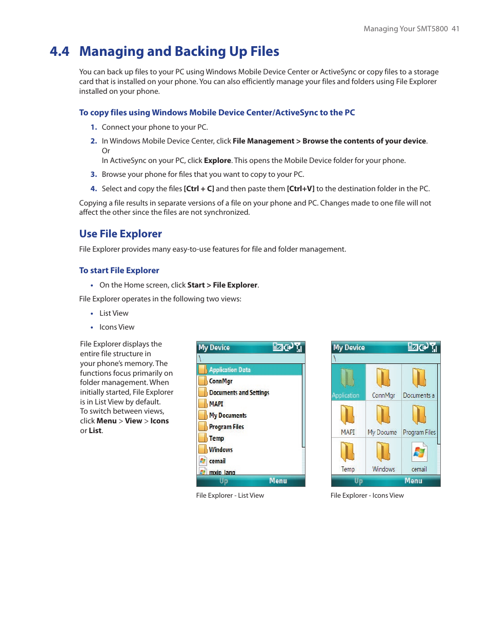 4 managing and backing up files, Use file explorer | HTC SMT5800 User Manual | Page 41 / 116