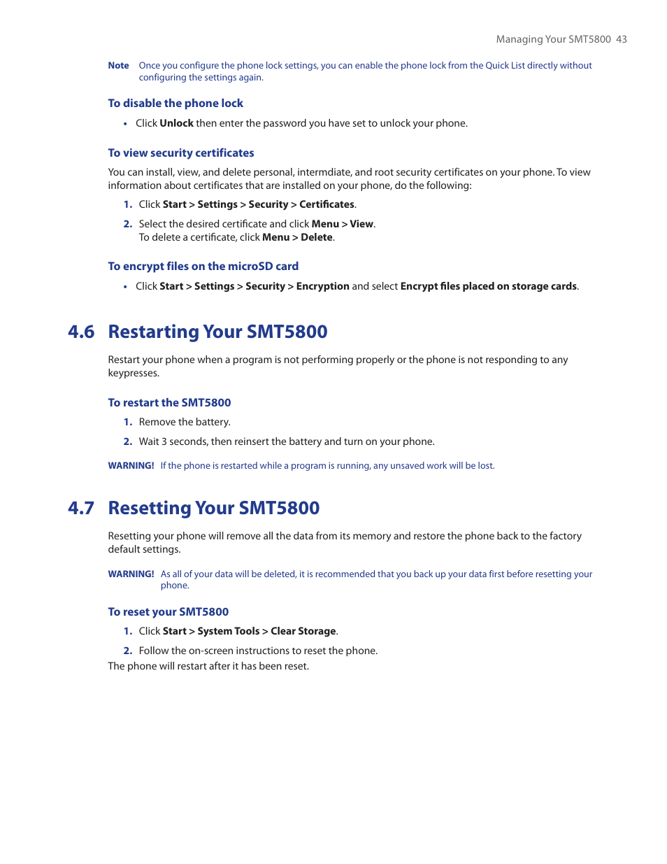 6 restarting your smt5800, 7 resetting your smt5800 | HTC SMT5800 User Manual | Page 43 / 116