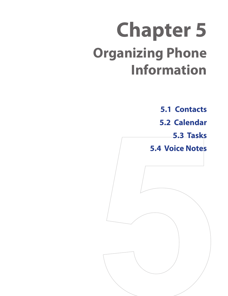 Chapter 5, Organizing phone information | HTC SMT5800 User Manual | Page 45 / 116