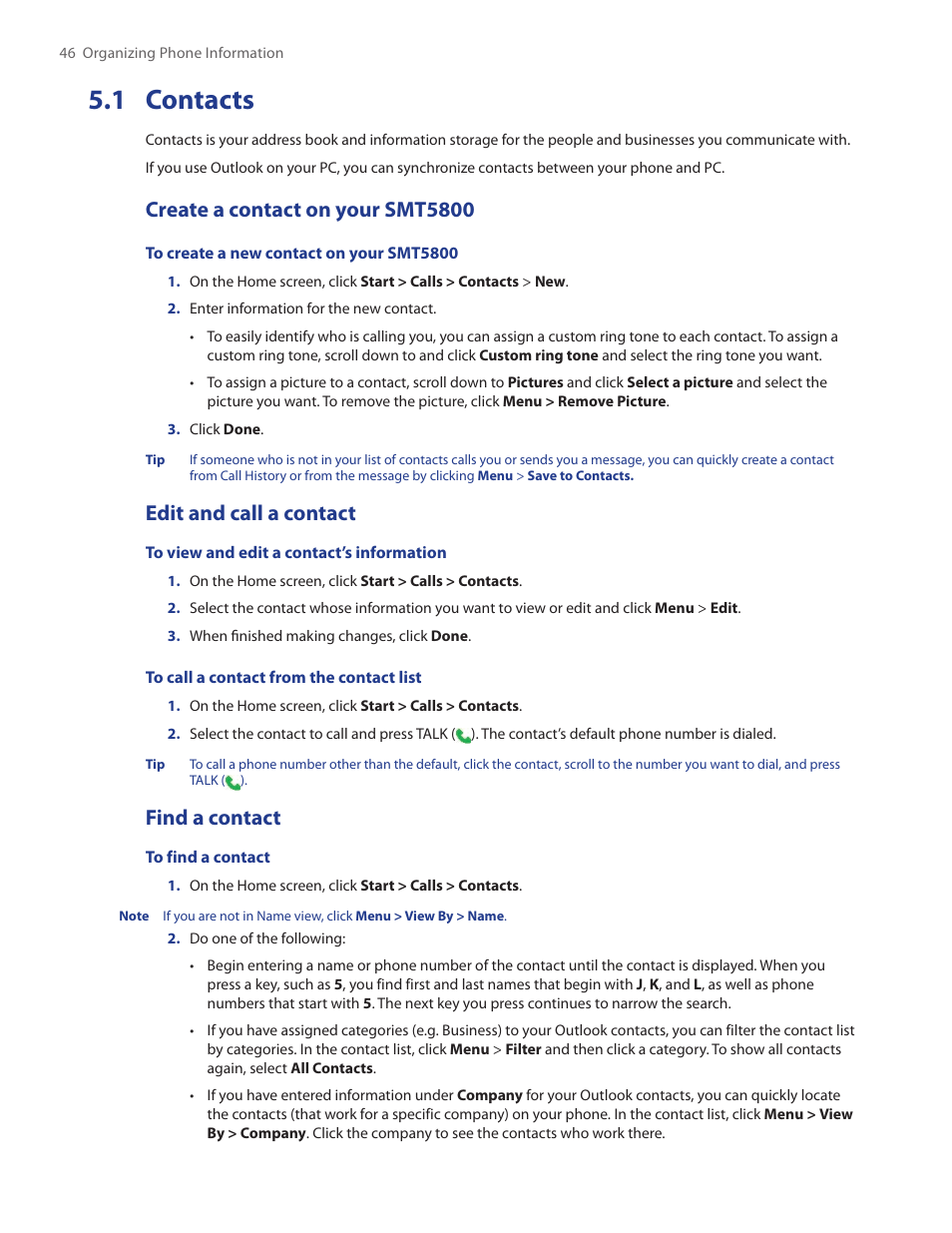 1 contacts, Create a contact on your smt5800, Edit and call a contact | Find a contact | HTC SMT5800 User Manual | Page 46 / 116