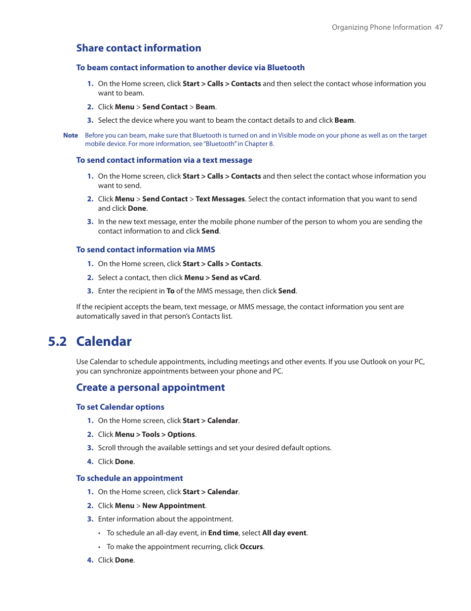 2 calendar, Share contact information, Create a personal appointment | HTC SMT5800 User Manual | Page 47 / 116