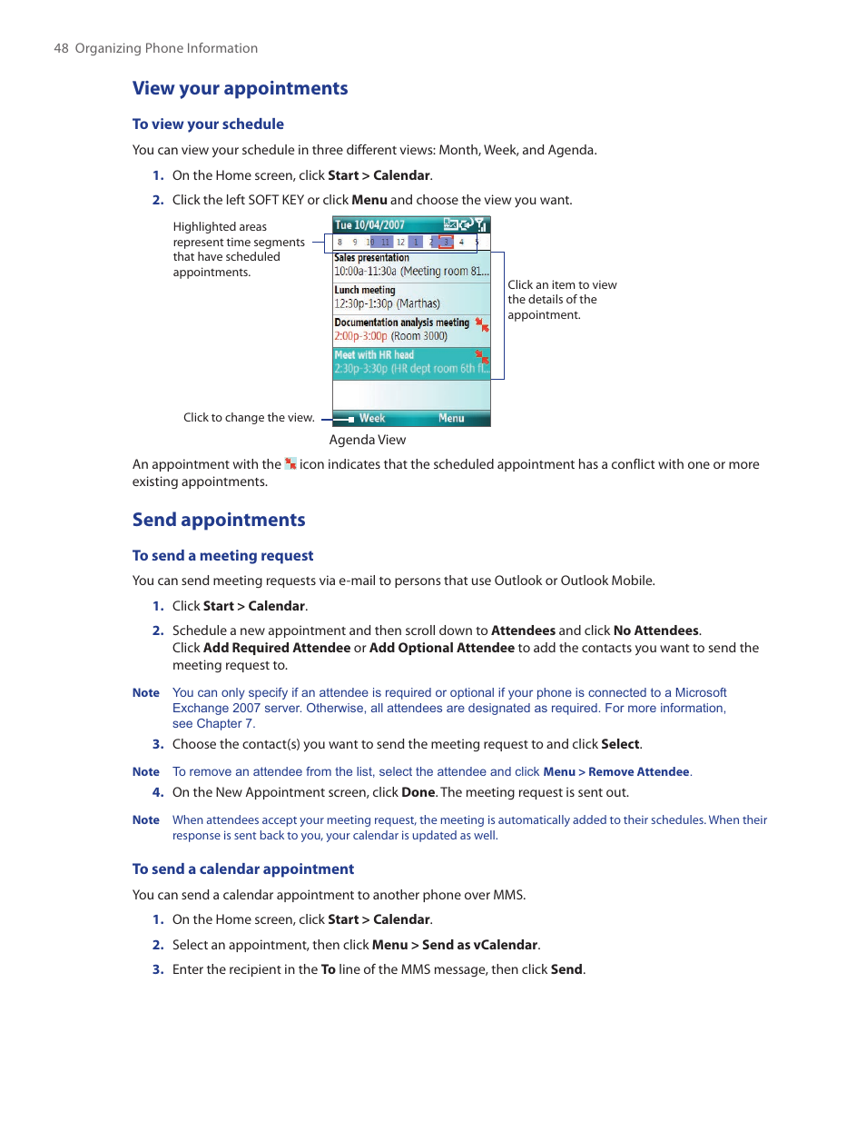 View your appointments, Send appointments | HTC SMT5800 User Manual | Page 48 / 116