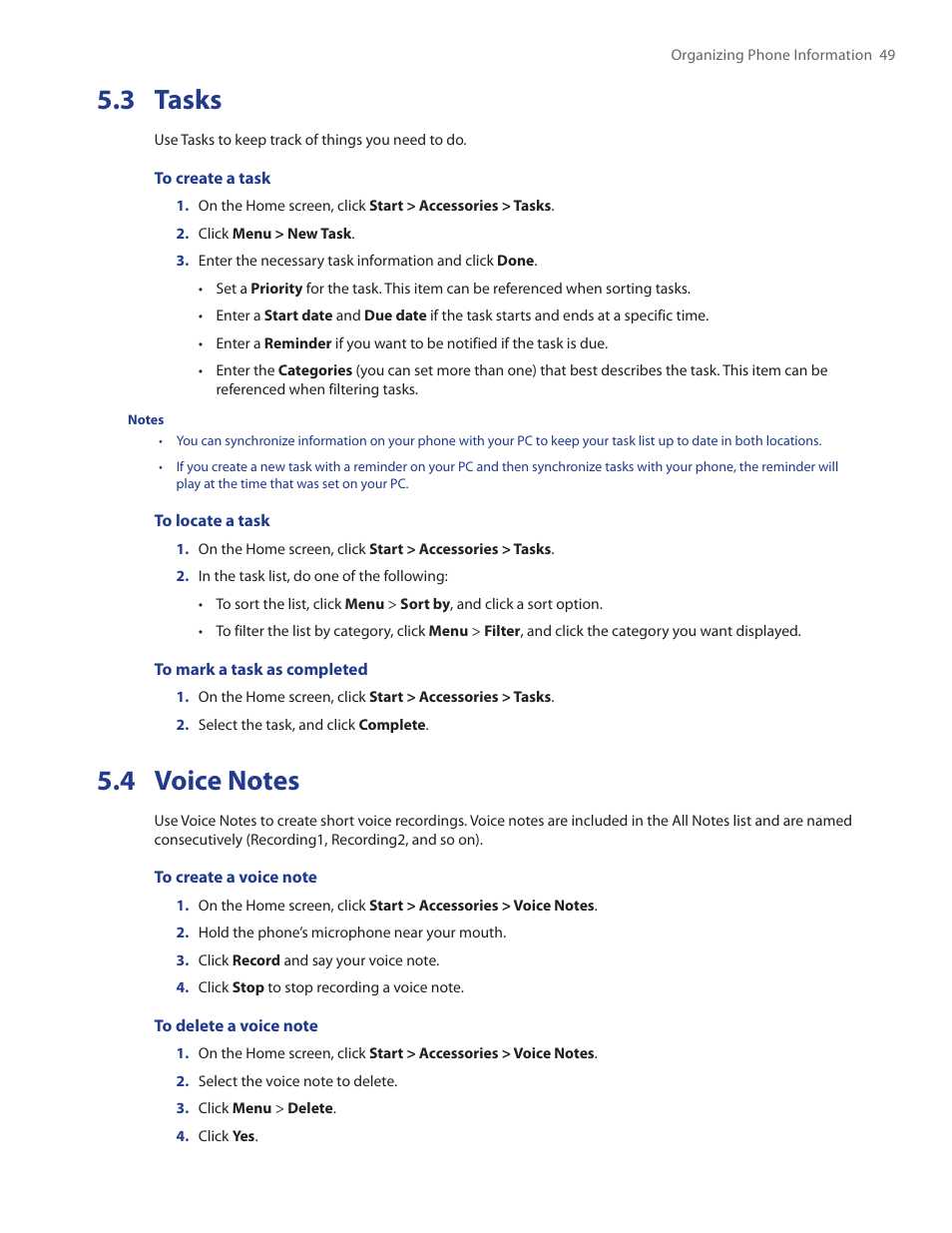 3 tasks, 4 voice notes | HTC SMT5800 User Manual | Page 49 / 116