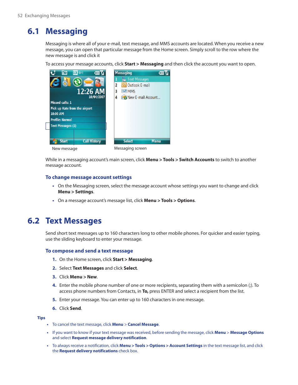 1 messaging, 2 text messages | HTC SMT5800 User Manual | Page 52 / 116