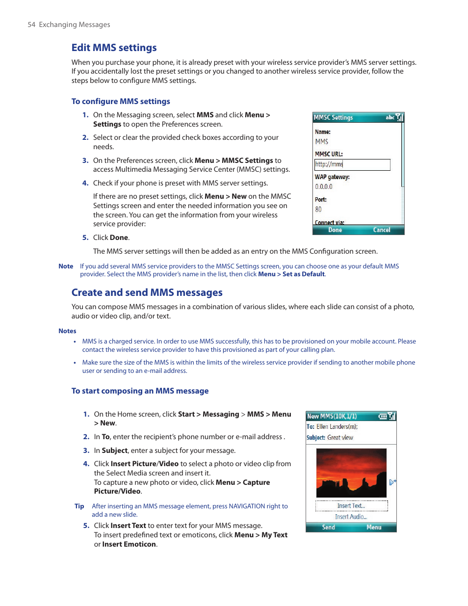 Edit mms settings, Create and send mms messages | HTC SMT5800 User Manual | Page 54 / 116