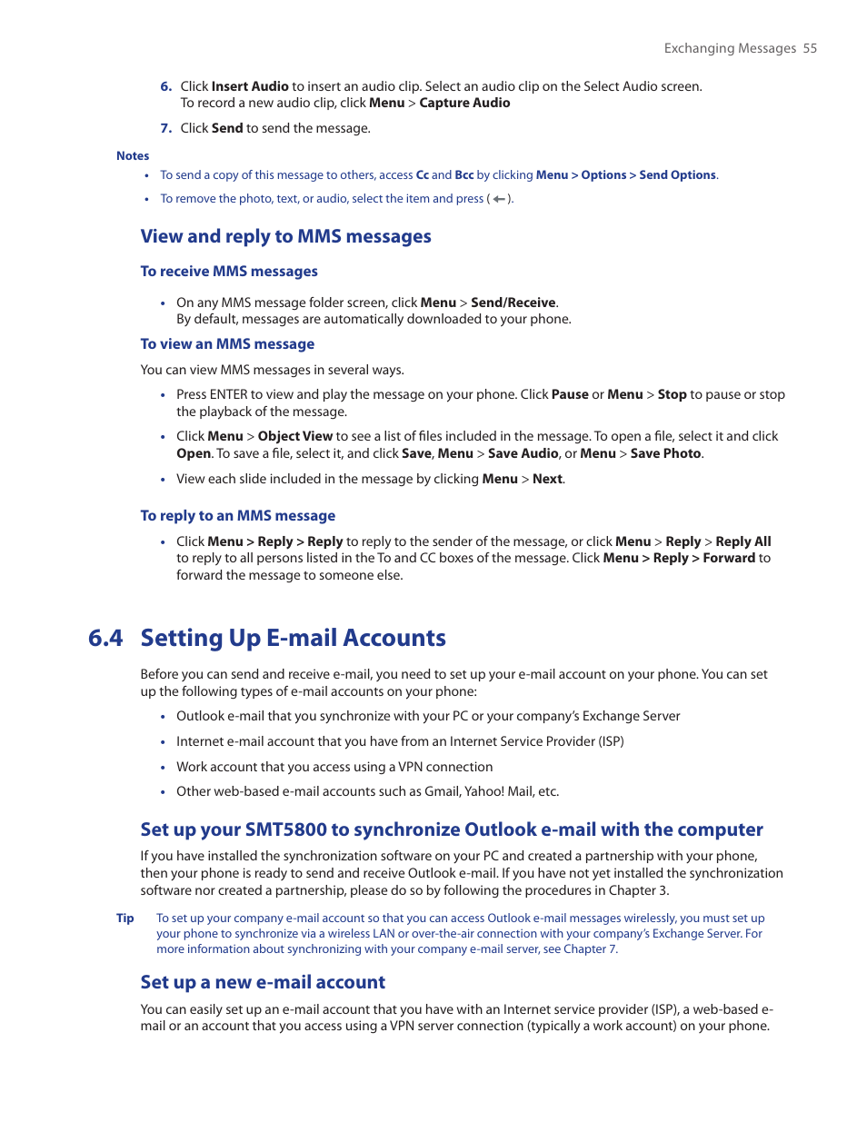 4 setting up e-mail accounts, View and reply to mms messages, Set up a new e-mail account | HTC SMT5800 User Manual | Page 55 / 116