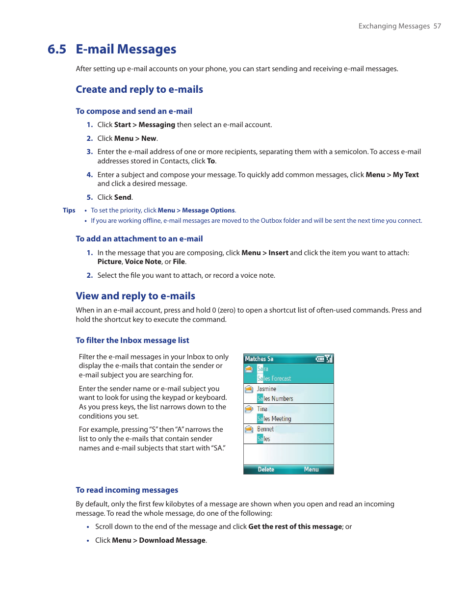 5 e-mail messages, Create and reply to e-mails, View and reply to e-mails | HTC SMT5800 User Manual | Page 57 / 116