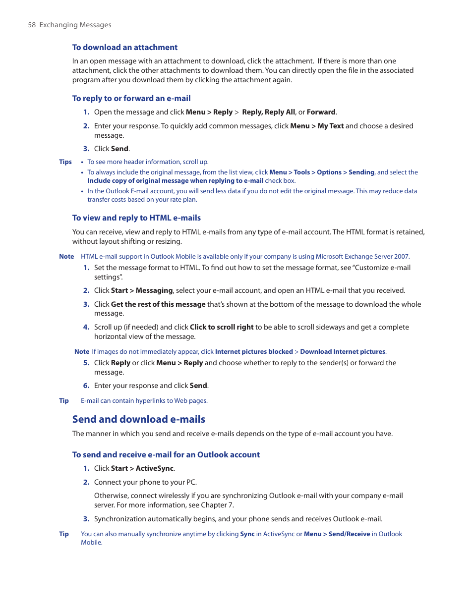 Send and download e-mails | HTC SMT5800 User Manual | Page 58 / 116