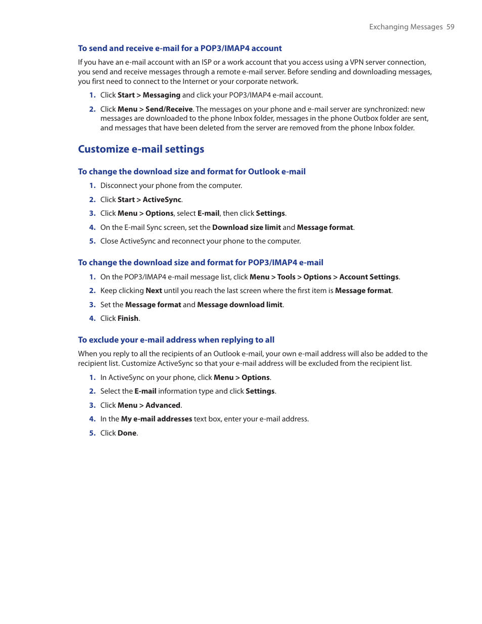 Customize e-mail settings | HTC SMT5800 User Manual | Page 59 / 116