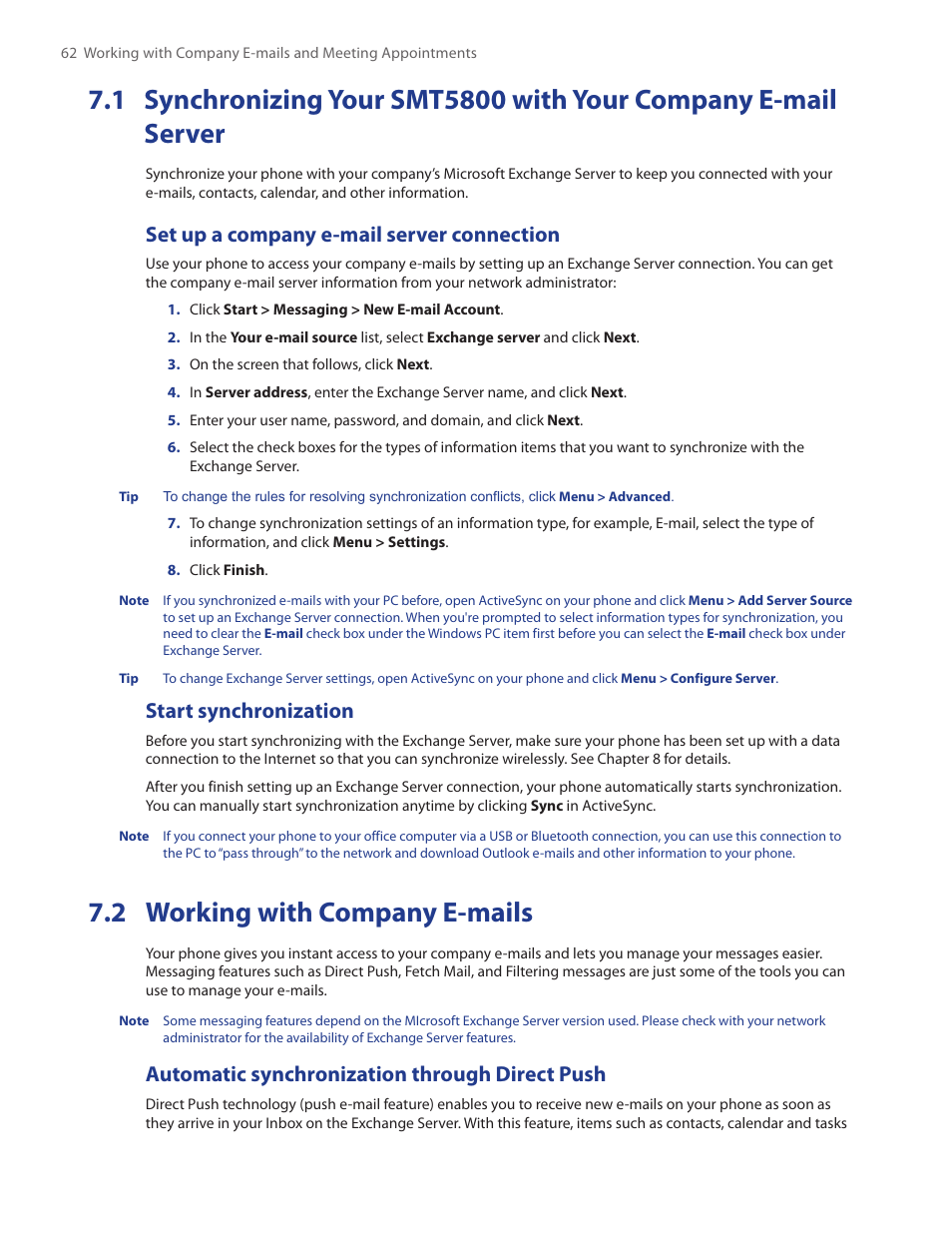 1 synchronizing your smt5800 with, Your company e-mail server, 2 working with company e-mails | Set up a company e-mail server connection, Start synchronization, Automatic synchronization through direct push | HTC SMT5800 User Manual | Page 62 / 116