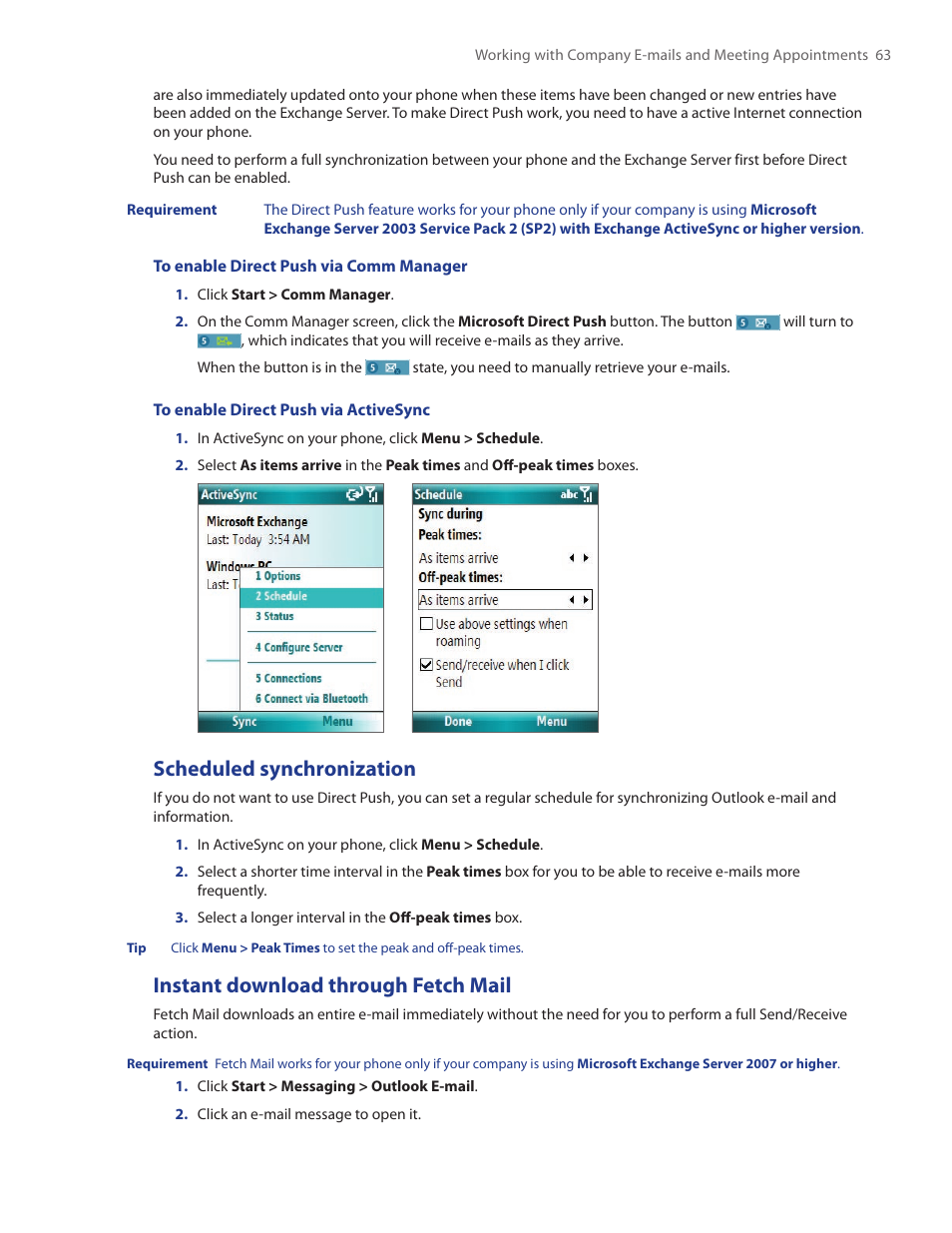 Scheduled synchronization, Instant download through fetch mail | HTC SMT5800 User Manual | Page 63 / 116