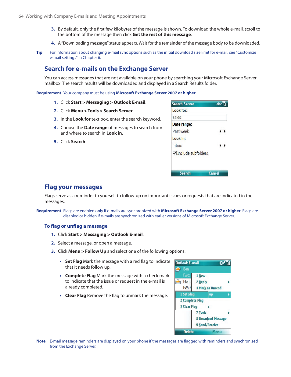 Search for e-mails on the exchange server, Flag your messages | HTC SMT5800 User Manual | Page 64 / 116