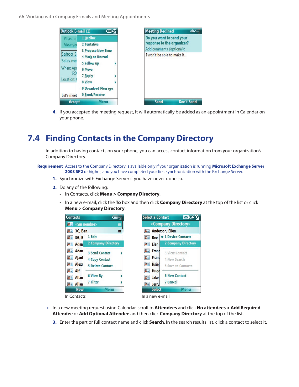 4 finding contacts in the, Company directory, 4 finding contacts in the company directory | HTC SMT5800 User Manual | Page 66 / 116