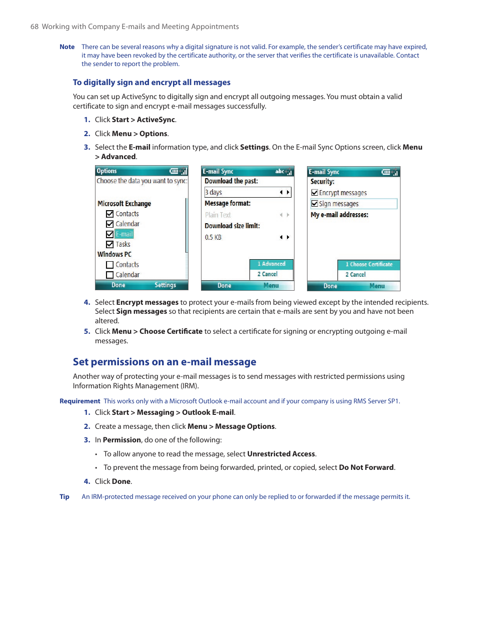 Set permissions on an e-mail message | HTC SMT5800 User Manual | Page 68 / 116