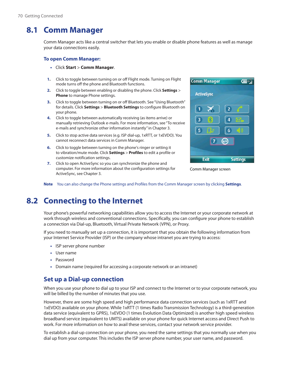 1 comm manager, 2 connecting to the internet, Set up a dial-up connection | HTC SMT5800 User Manual | Page 70 / 116